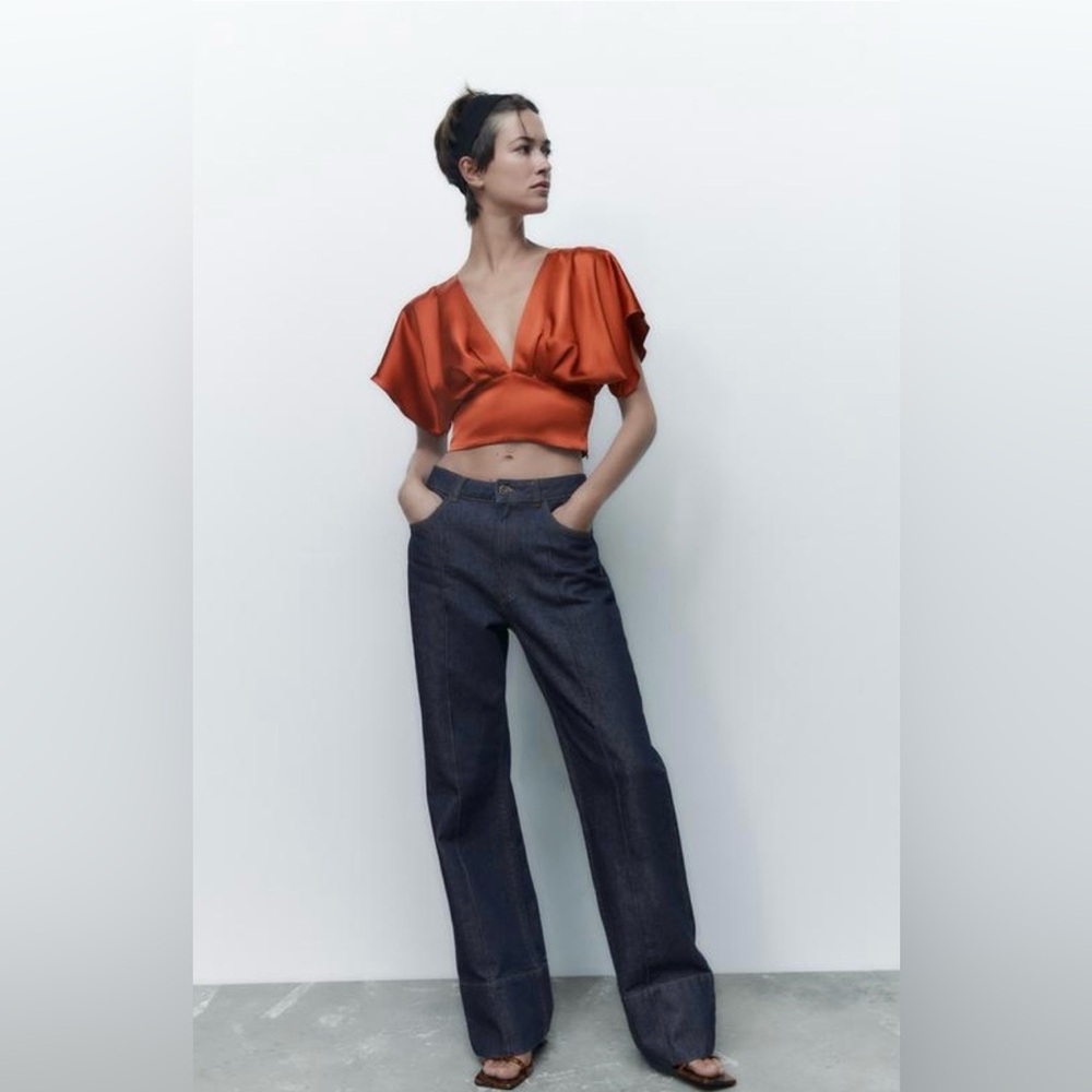 Zara satin crop top in a rust or burnt orange hue